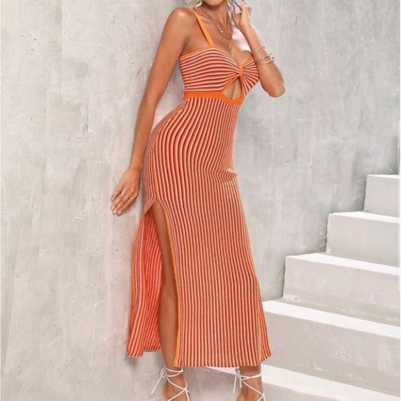 Sherbet striped cutout split hem midi dress summer beachy vacay trendy - Picture 5 of 7